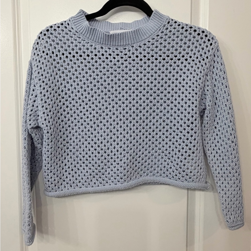 Zara Pale Blue Open-Knit Cropped Crewneck Sweater